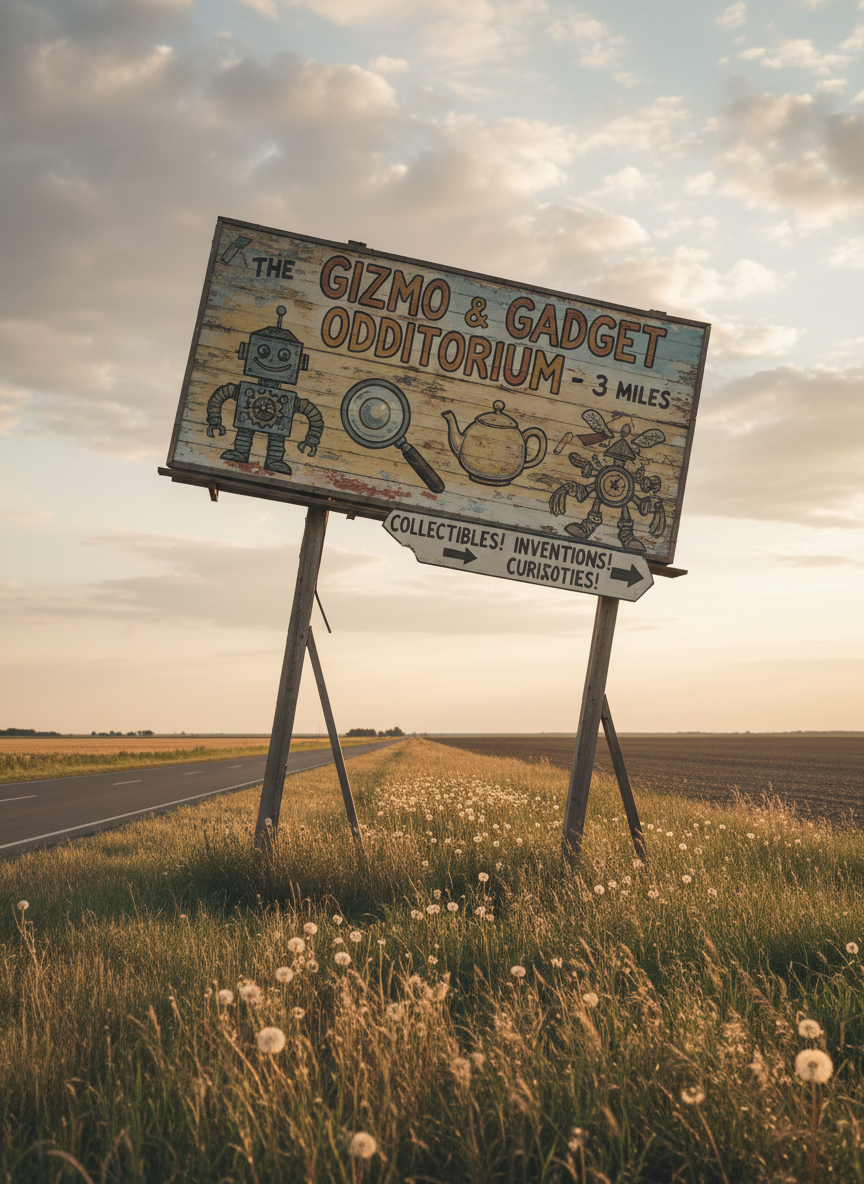 A crooked roadside billboard for an obscure attraction, its paint slightly peeling and colors sun-faded, rises beside a nearly empty two-lane highway cutting through flat farmland. The sign advertises an oddly specific local museum with quirky hand-painted illustrations of curiosities. Wild grasses and scruffy weeds grow at the base of the signpost, bending in a light breeze. Overhead, an expansive sky with soft, late afternoon clouds stretches dramatically. The scene is captured in photographic realism from a low-angle perspective, making the billboard feel larger-than-life yet endearingly shabby. Warm, natural light creates gentle shadows and rich textures, giving the mood a playful, curious sense of “should we stop here?” that suits offbeat travel stories.