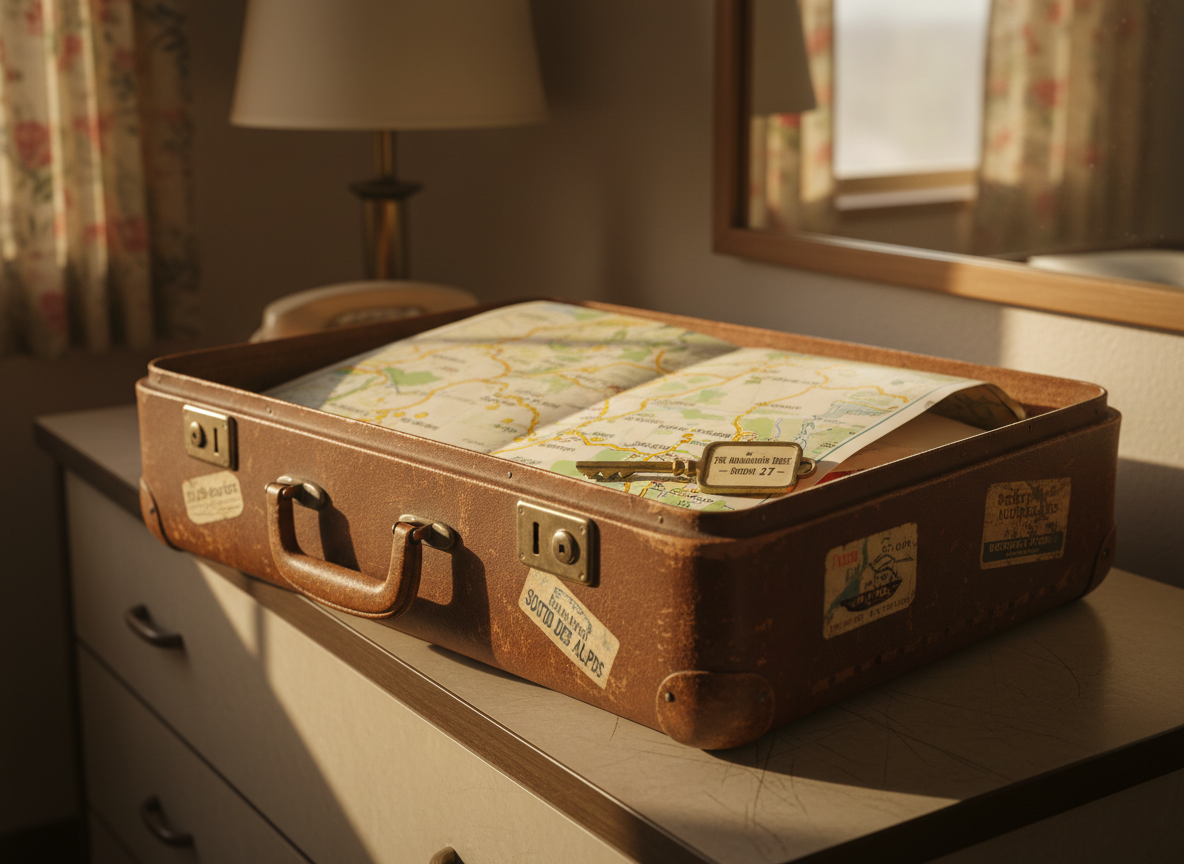A well-worn vintage leather suitcase, scuffed corners and faded railway stickers, sits slightly open on the edge of a small-town motel dresser. Inside, a paper map is half unfolded, showing winding back roads and tiny dots for forgotten towns, with a hotel key fob peeking from beneath. Late afternoon golden-hour sunlight filters through thin floral curtains, casting warm, dappled patterns on the suitcase and chipped laminate surface. The mood is playful and nostalgic, hinting at unpolished adventures. Photographed at a slightly elevated angle with shallow depth of field, the suitcase in sharp focus and the motel room details softly blurred, creating a realistic, cinematic travel-blog feel that celebrates imperfect journeys over glossy postcards.