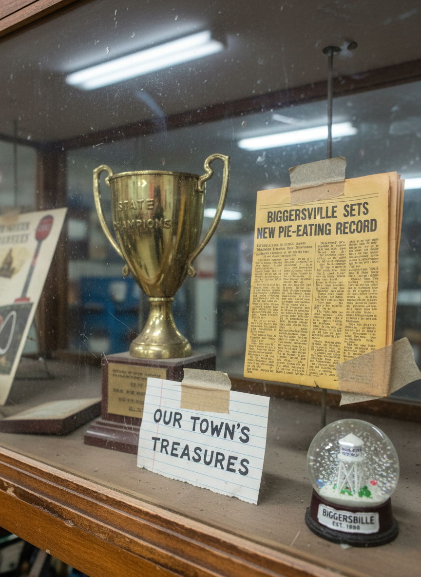 A dusty glass display case in a tiny, volunteer-run roadside museum holds an odd collection of local artifacts: a slightly dented championship bowling trophy, a yellowed newspaper clipping about a town record, and a hand-lettered label on lined notebook paper. The wooden base of the case is scratched and uneven, and a lone souvenir snow globe of the town sits comically beside the “exhibit.” Overhead fluorescents cast a soft, cool light that reflects in streaks across the glass, while the back of the room falls into gentle blur. Photographed from a close, slightly angled perspective in realistic detail, the image highlights smudges on the glass and curled tape edges, creating a mood that is endearing, playful, and rich with small-town magic.