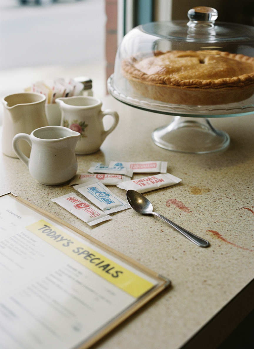 A mismatched collection of diner sugar packets, chipped ceramic creamers, and a tiny, slightly bent stainless steel teaspoon are scattered across a sticky Formica counter in a small-town café. A laminated menu with handwritten specials curls at the corner, and a glass cake stand in the background reveals a lopsided, home-baked pie. Soft, overcast daylight seeps in from an unseen front window, reflecting dully off the silver spoon and creating gentle, honest shadows. Photographed at table level with a shallow depth of field, the focus rests on the imperfect details: coffee rings, worn edges, and fingerprints that tell stories. The overall atmosphere is warm, intimate, and playfully real, celebrating unpolished local charm rather than glossy travel perfection.