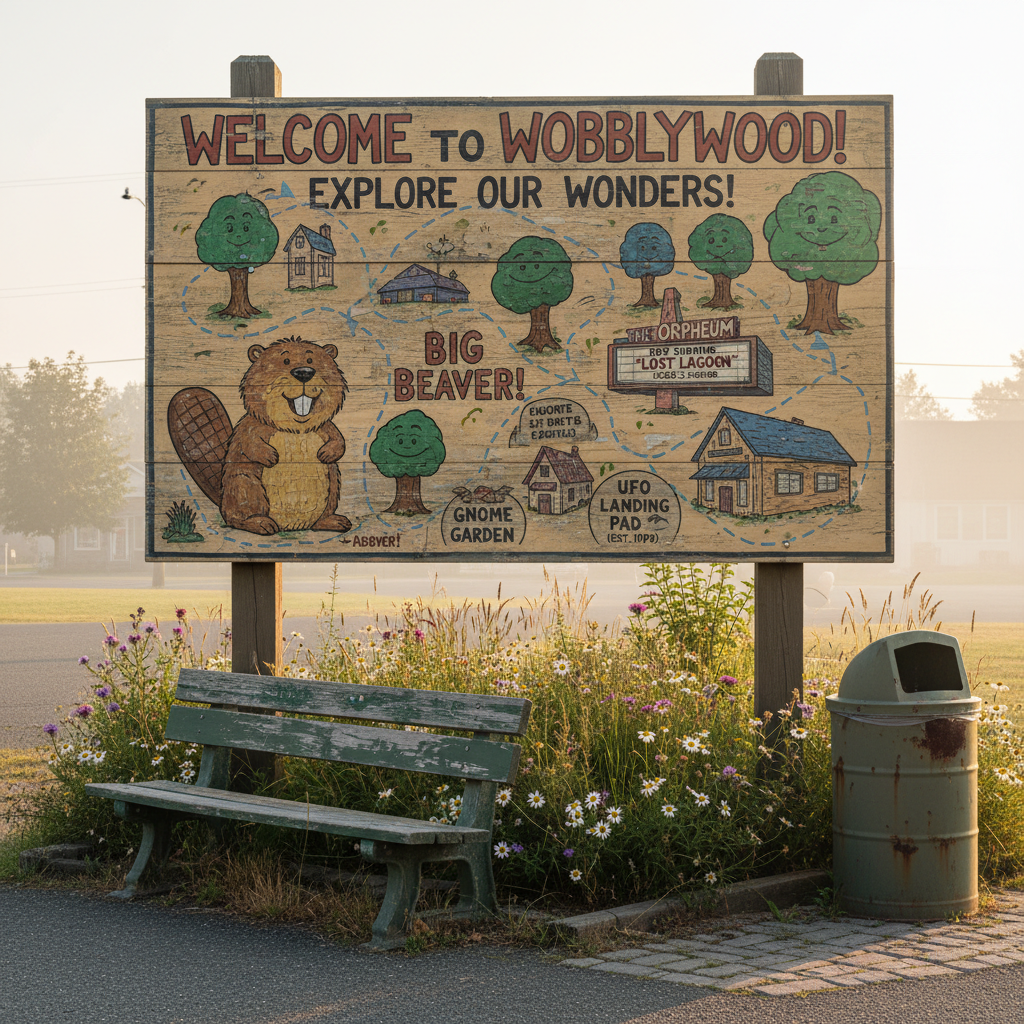 An old-fashioned tourist-park map sign, faded but lovingly maintained, stands at the edge of a tiny town’s central park. The sign’s illustrated paths, cartoonish trees, and slightly off-scale buildings show local oddities like a giant fiberglass animal and a single-screen cinema. Surrounding it are slightly overgrown flower beds, a leaning park bench with chipped green paint, and a rust-flecked trash can. Soft early evening light creates long, gentle shadows and a mellow glow on the sign’s weathered surface. Shot straight-on at eye level in photographic realism, with a moderate depth of field that keeps both sign and surroundings crisp, the mood feels quietly magical and a bit quirky, as though you’ve stumbled onto the town’s secret treasure map.