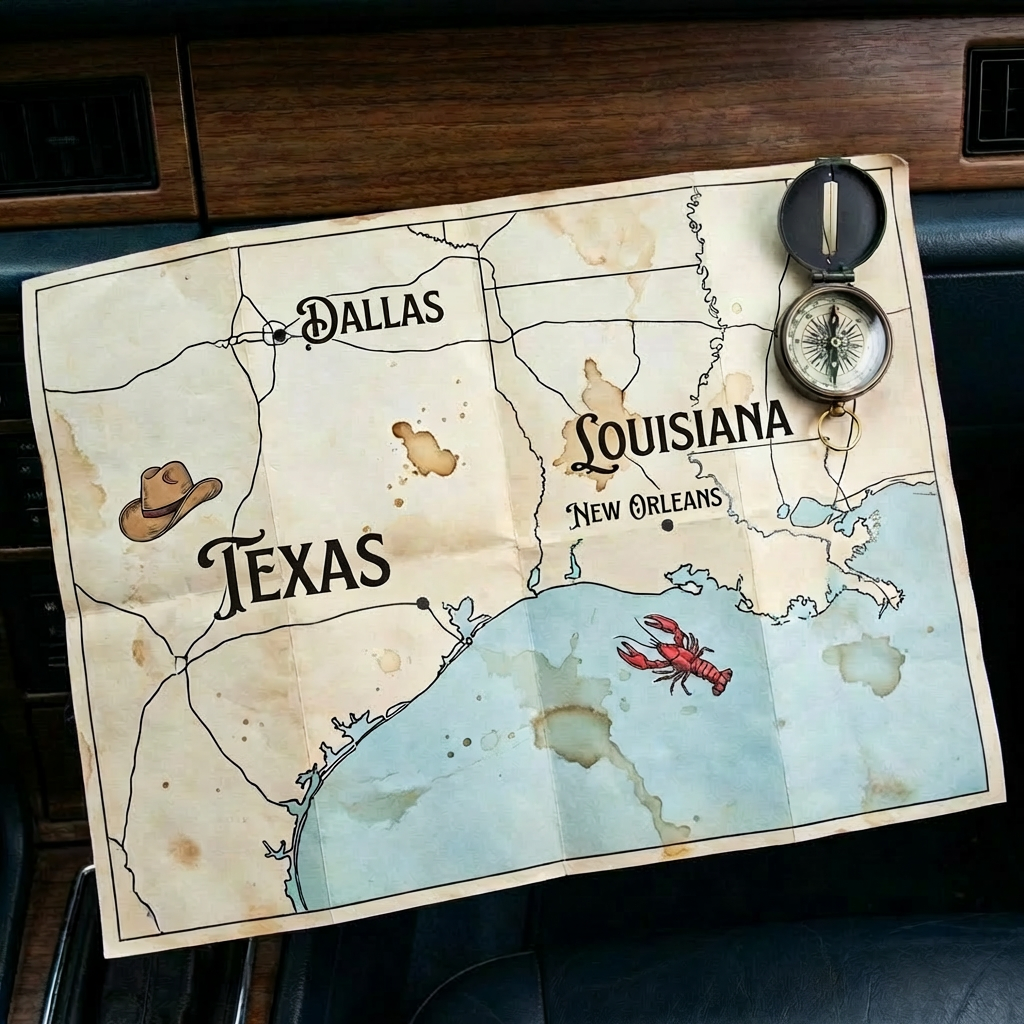 Stained map showing route from Dallas, Texas to New Orleans, Louisiana with a brass compass.