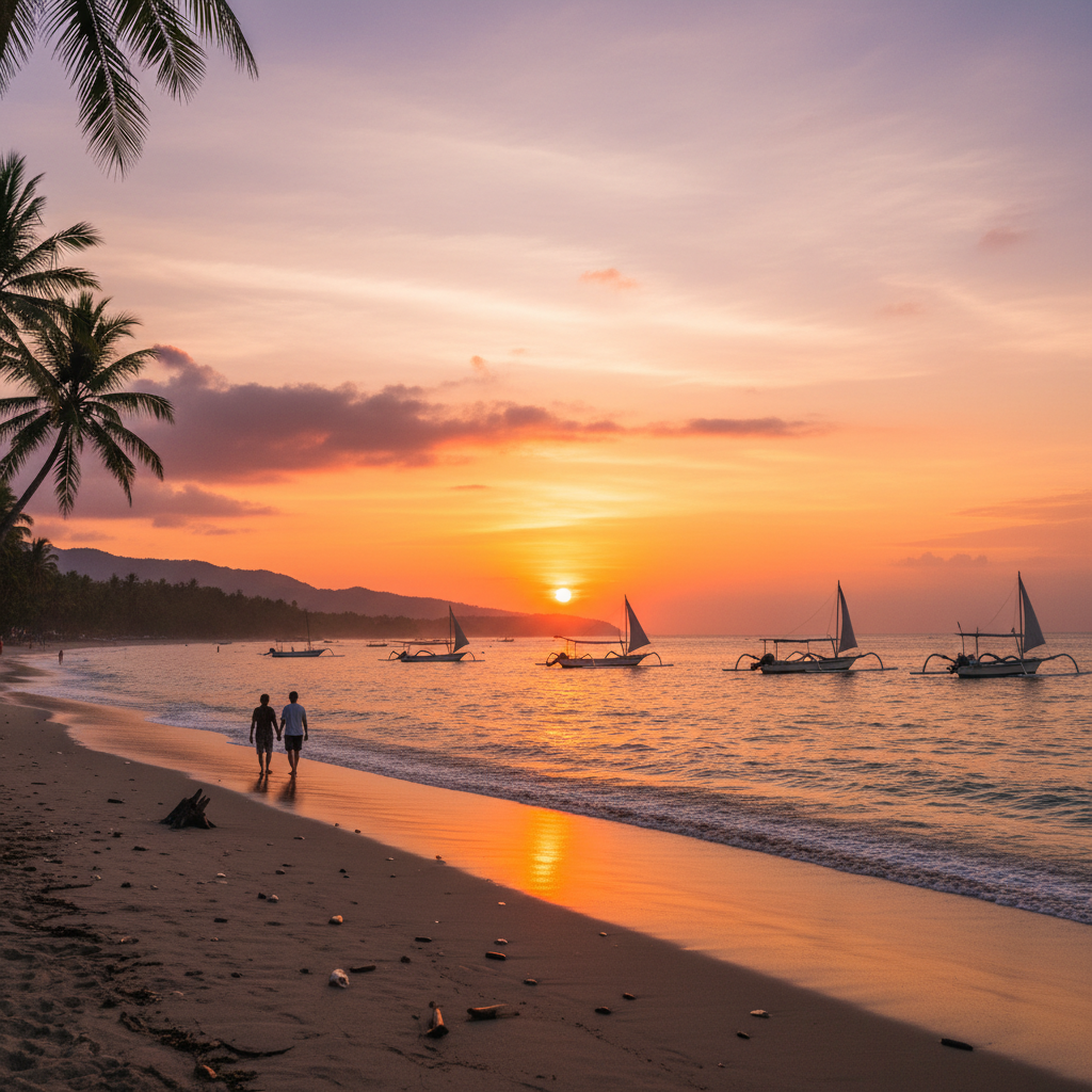 Couple walking on a tropical beach at sunset with sailboats on calm sea and palm trees