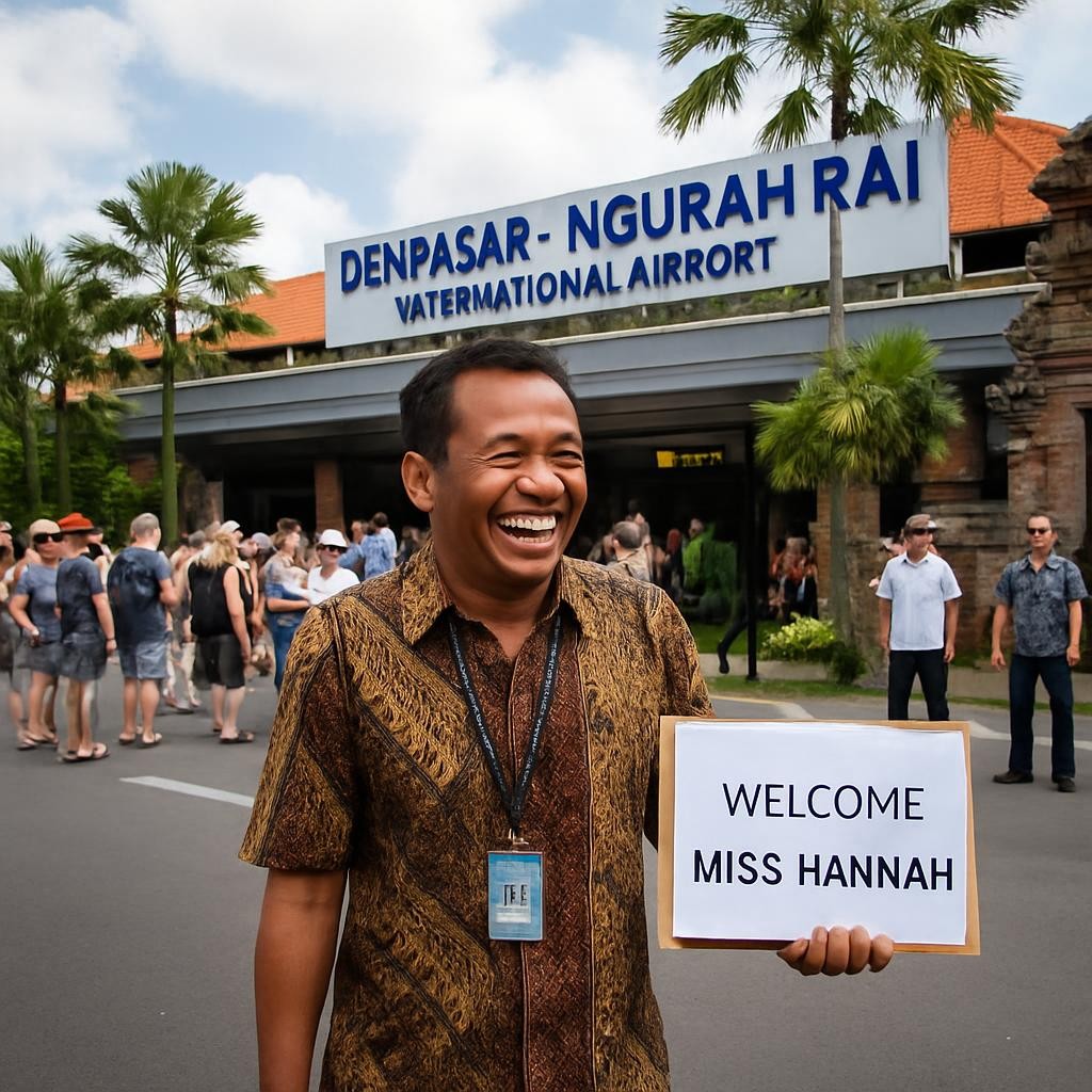 Man holding 'Welcome Mr. Smith' sign outside Denpasar Ngurah Rai International Airport