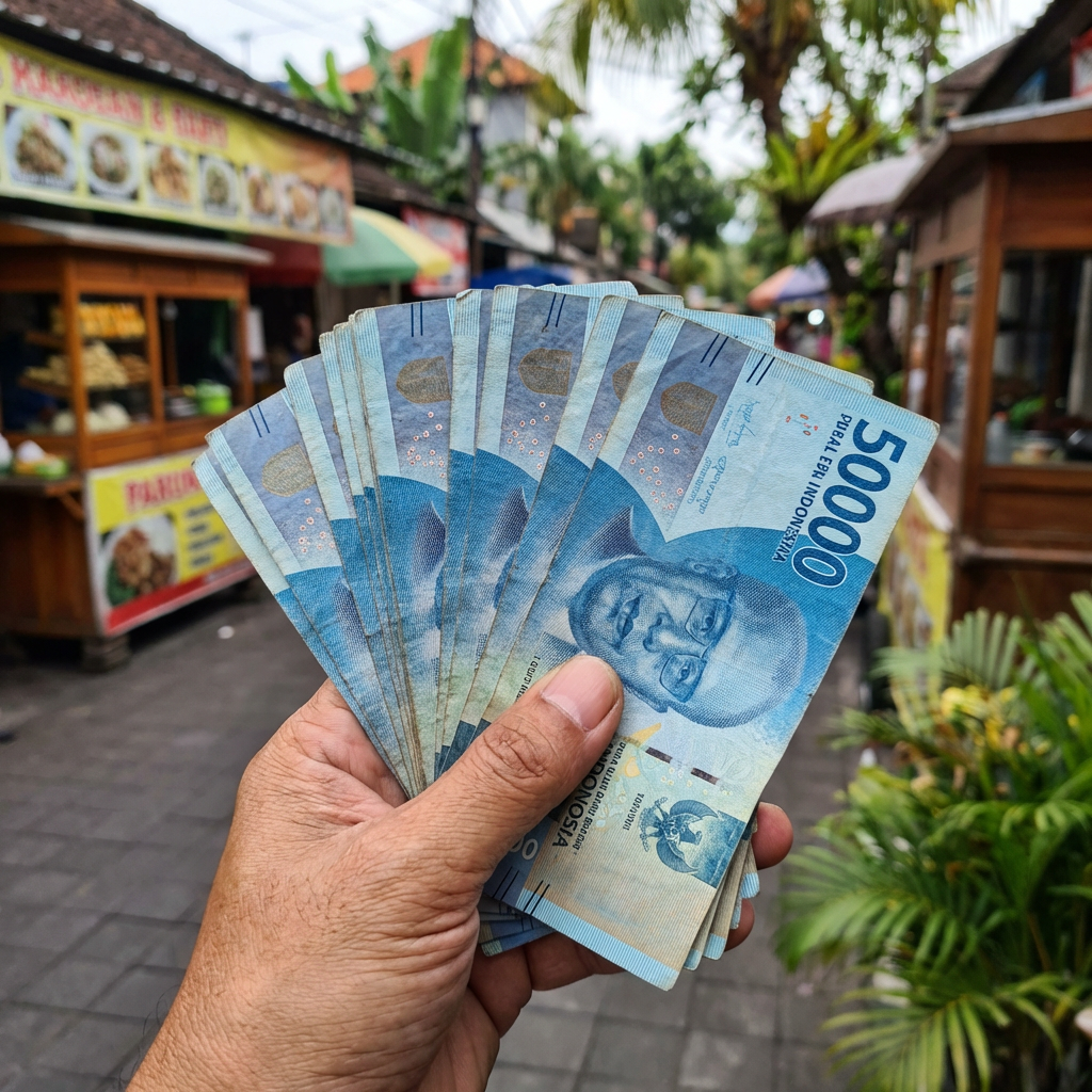 Hand holding fanned 50,000 Indonesian rupiah banknotes