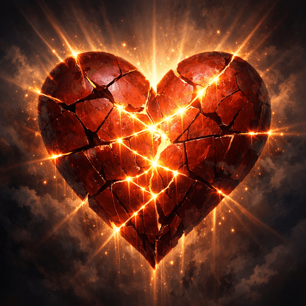 A large heart cracked into many pieces with glowing bright orange light shining through the cracks