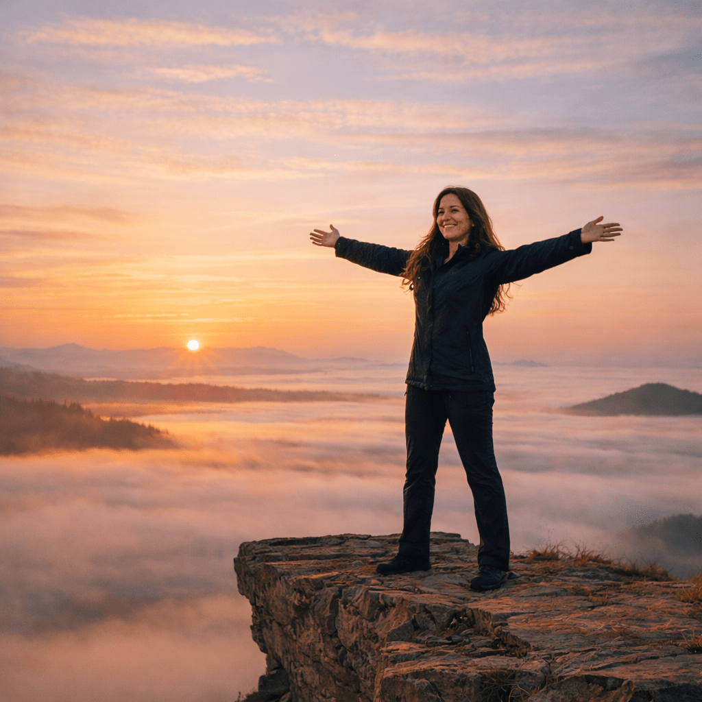 Person with arms outstretched standing on rocky cliff at sunrise above clouds