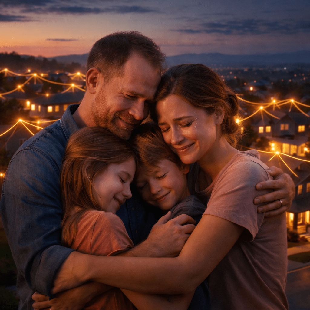 Family hugging, tears and gentle smiles